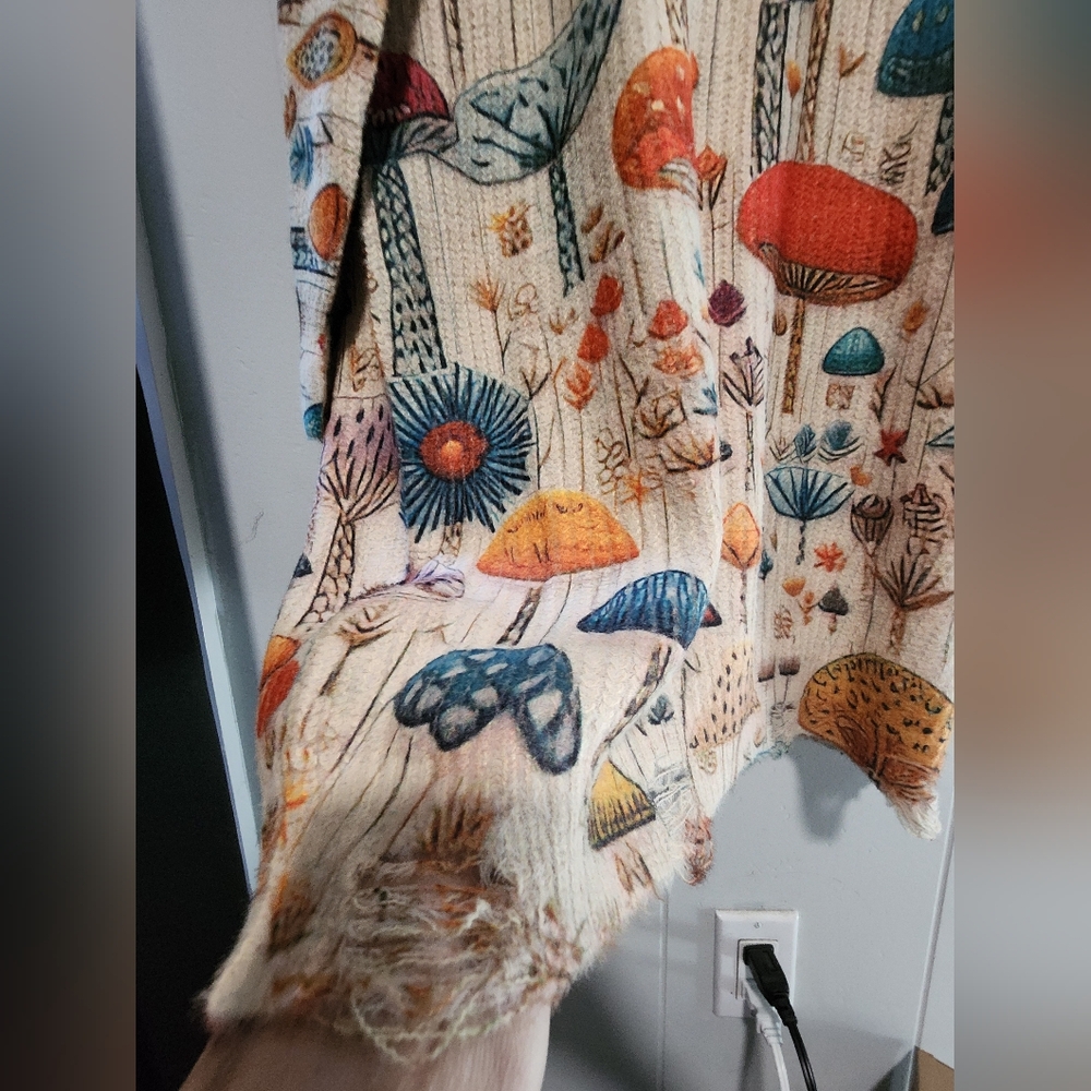 NIP Distressed Look Colorful Mushrooms Oversized Sweater - Picture 8 of 13